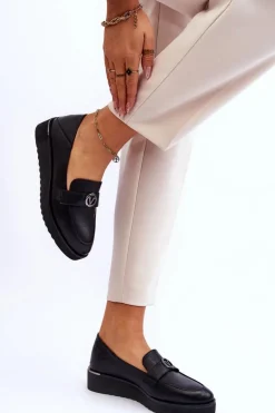 Damskie Skórzane Mokasyny Na Niskim Koturnie Czarne Synthia