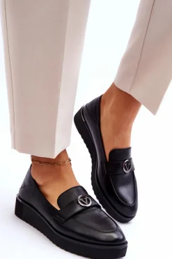 Damskie Skórzane Mokasyny Na Niskim Koturnie Czarne Synthia