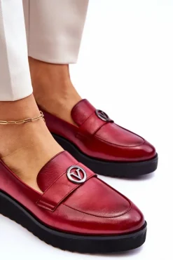Damskie Skórzane Mokasyny Na Niskim Koturnie Czerwone Synthia