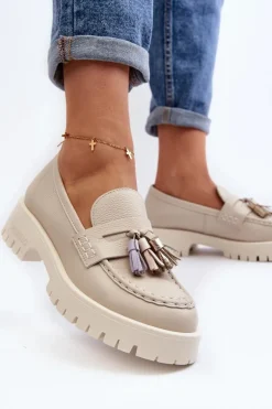 Damskie Skórzane Mokasyny Z Frędzlami CheBello 3096 Beżowe