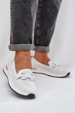 Damskie Skórzane Mokasyny Na Platformie S.Barski LR51-556 Białe