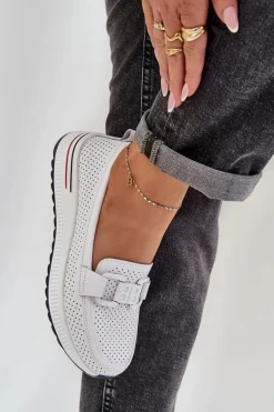 Damskie Skórzane Mokasyny Na Platformie S.Barski LR51-556 Białe