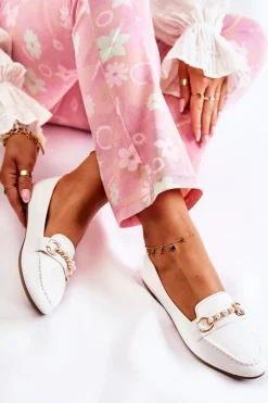 Damskie Skórzane Mokasyny Z Ozdobnymi Perłami Białe Sergia