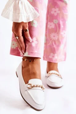 Damskie Skórzane Mokasyny Z Ozdobnymi Perłami Białe Sergia