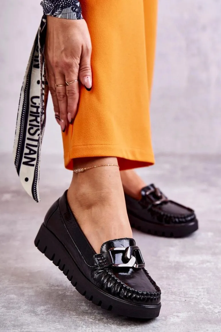 Damskie Skórzane Mokasyny Na Platformie Czarne Venesia