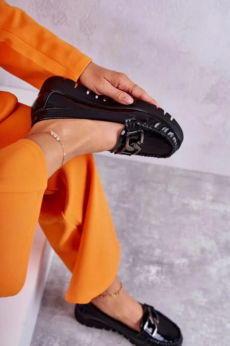 Damskie Skórzane Mokasyny Na Platformie Czarne Venesia