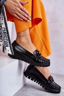 Damskie Skórzane Mokasyny Na Platformie Czarne Venesia