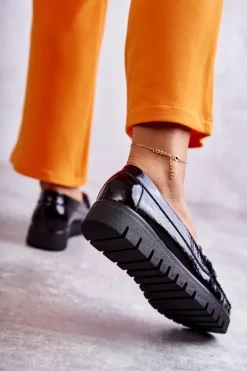 Damskie Skórzane Mokasyny Na Platformie Czarne Venesia