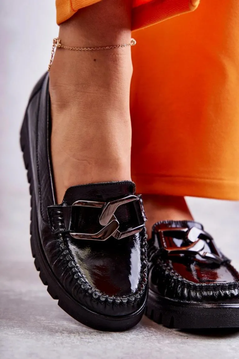 Damskie Skórzane Mokasyny Na Platformie Czarne Venesia