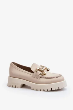 Damskie Skórzane Mokasyny Z Ozdobą CheBello 4369 Beżowe