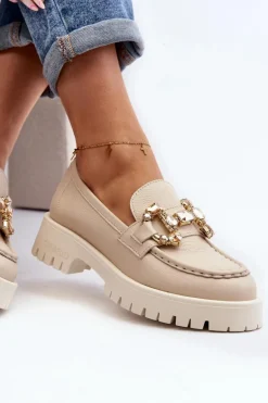 Damskie Skórzane Mokasyny Z Ozdobą CheBello 4369 Beżowe