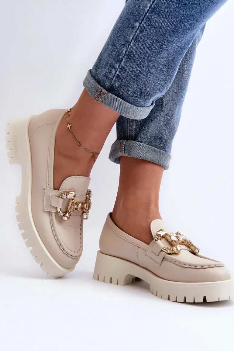 Damskie Skórzane Mokasyny Z Ozdobą CheBello 4369 Beżowe