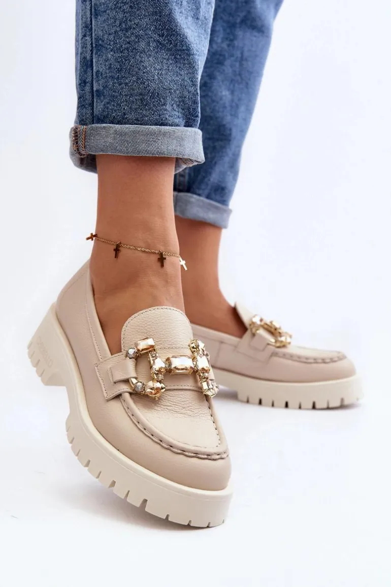 Damskie Skórzane Mokasyny Z Ozdobą CheBello 4369 Beżowe