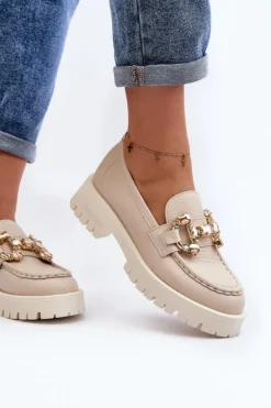 Damskie Skórzane Mokasyny Z Ozdobą CheBello 4369 Beżowe