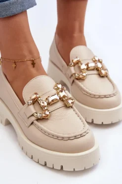 Damskie Skórzane Mokasyny Z Ozdobą CheBello 4369 Beżowe