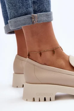 Damskie Skórzane Mokasyny Z Ozdobą CheBello 4369 Beżowe