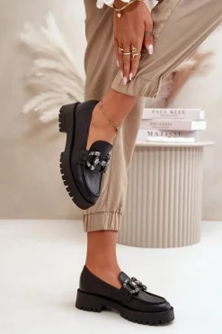 Damskie Skórzane Mokasyny Z Ozdobą CheBello 4369 Czarne