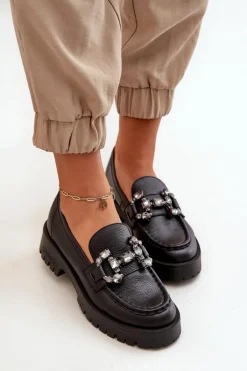 Damskie Skórzane Mokasyny Z Ozdobą CheBello 4369 Czarne