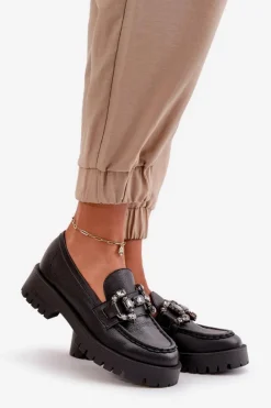 Damskie Skórzane Mokasyny Z Ozdobą CheBello 4369 Czarne