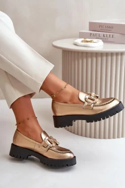 Damskie Skórzane Mokasyny Z Ozdobą CheBello 4369 Złote