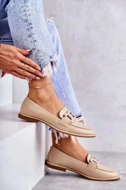 Damskie Skórzane Mokasyny Z Ozdobą Beżowe Kerrie