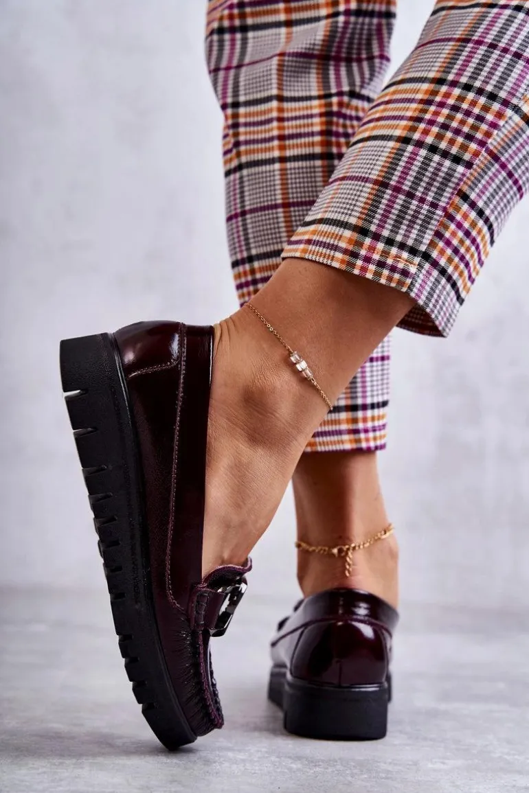 Damskie Skórzane Mokasyny Na Platformie Bordowe Venesia