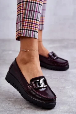 Damskie Skórzane Mokasyny Na Platformie Bordowe Venesia