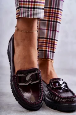 Damskie Skórzane Mokasyny Na Platformie Bordowe Venesia