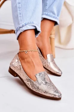 Damskie Skórzane Mokasyny Wzór Zwierzęcy Złote Scarlett