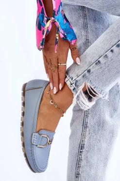 Damskie Skórzane Mokasyny Jasnoniebieskie Downtown