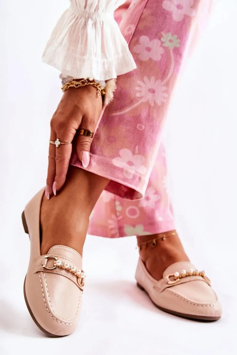 Damskie Skórzane Mokasyny Z Ozdobnymi Perłami Beżowe Sergia