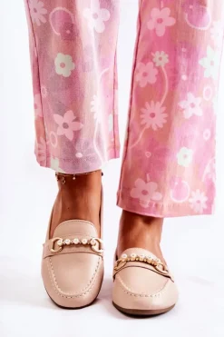 Damskie Skórzane Mokasyny Z Ozdobnymi Perłami Beżowe Sergia