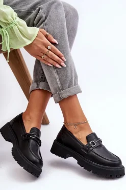 Damskie Skórzane Mokasyny Na Platformie Czarne Detes