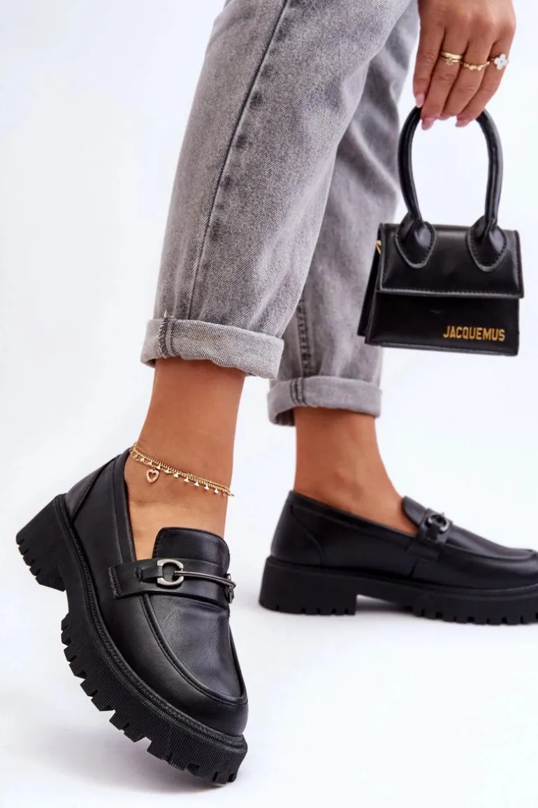 Damskie Skórzane Mokasyny Na Platformie Czarne Detes