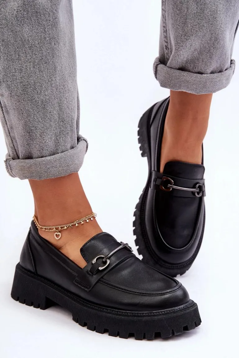 Damskie Skórzane Mokasyny Na Platformie Czarne Detes
