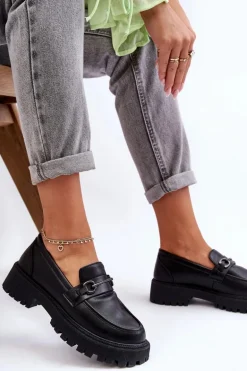 Damskie Skórzane Mokasyny Na Platformie Czarne Detes