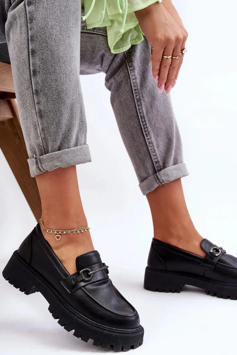 Damskie Skórzane Mokasyny Na Platformie Czarne Detes