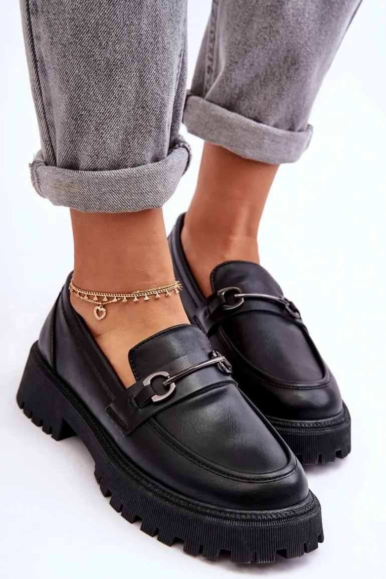 Damskie Skórzane Mokasyny Na Platformie Czarne Detes