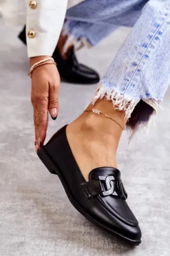 Damskie Skórzane Mokasyny Z Ozdobą Czarne Kerrie