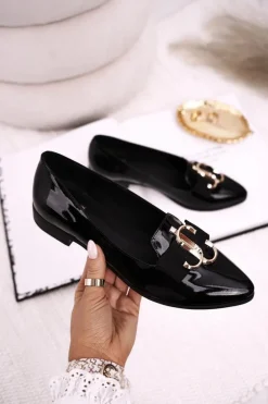 Damskie Skórzane Mokasyny Baleriny Lakierowane Czarne Mary-Jane