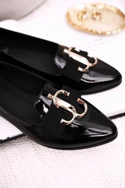 Damskie Skórzane Mokasyny Baleriny Lakierowane Czarne Mary-Jane