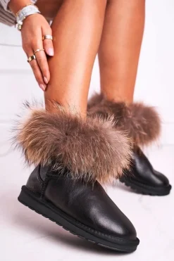 Damskie Skórzane Śniegowce Z Futerkiem Lakierowane Czarne Alexa