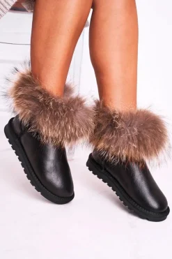 Damskie Skórzane Śniegowce Z Futerkiem Lakierowane Czarne Alexa