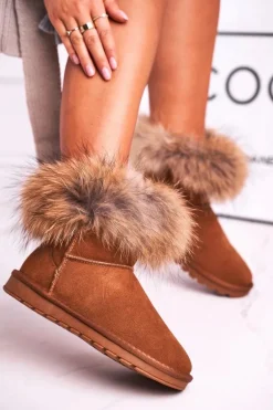 Damskie Skórzane Śniegowce Z Futerkiem Camel Alexa