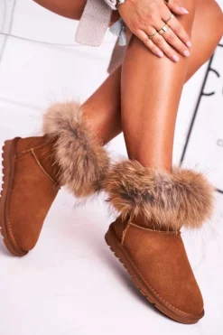 Damskie Skórzane Śniegowce Z Futerkiem Camel Alexa