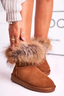 Damskie Skórzane Śniegowce Z Futerkiem Camel Alexa