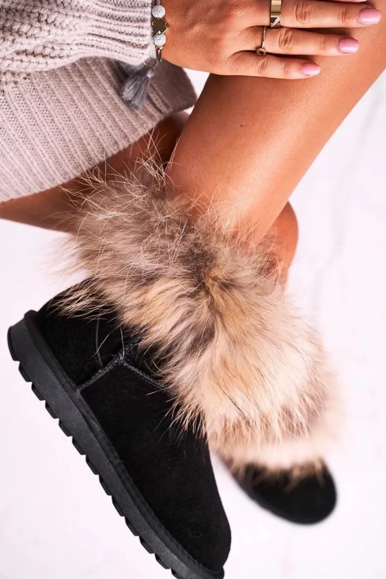 Damskie Skórzane Śniegowce Z Futerkiem Czarne Alexa