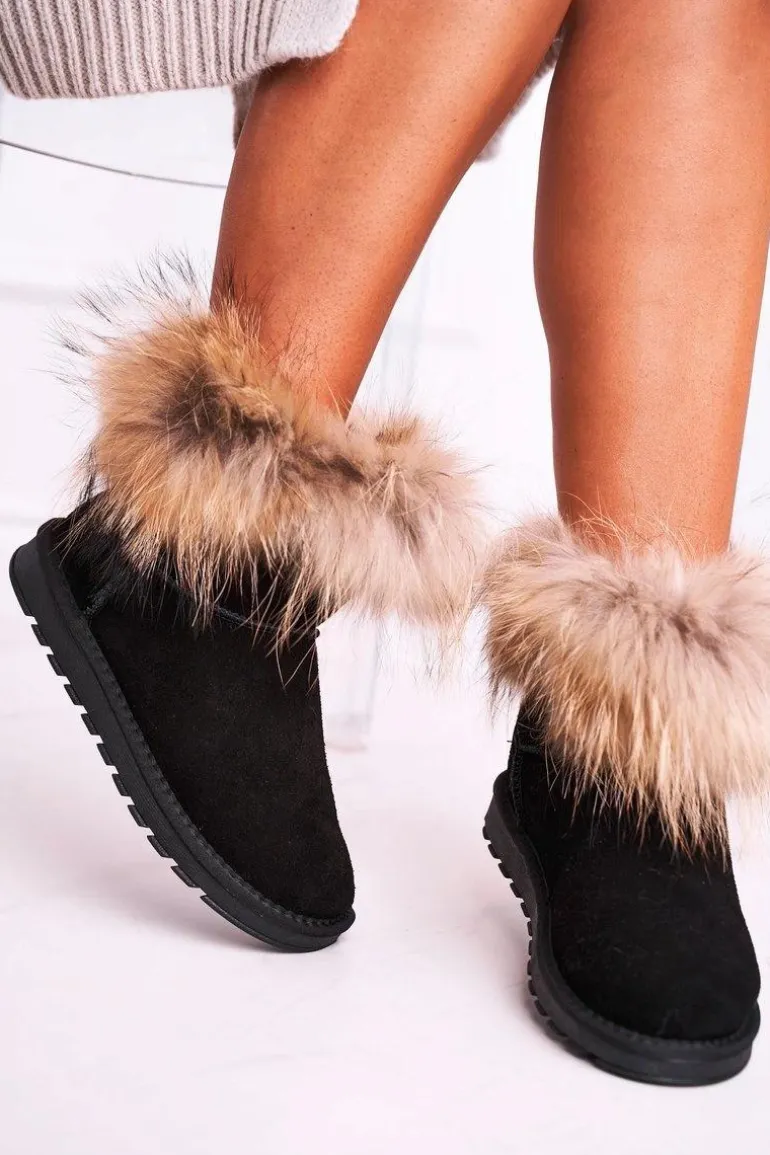 Damskie Skórzane Śniegowce Z Futerkiem Czarne Alexa