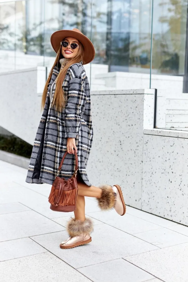 Damskie Skórzane Śniegowce Z Futerkiem Champagne Alexa