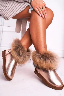 Damskie Skórzane Śniegowce Z Futerkiem Champagne Alexa